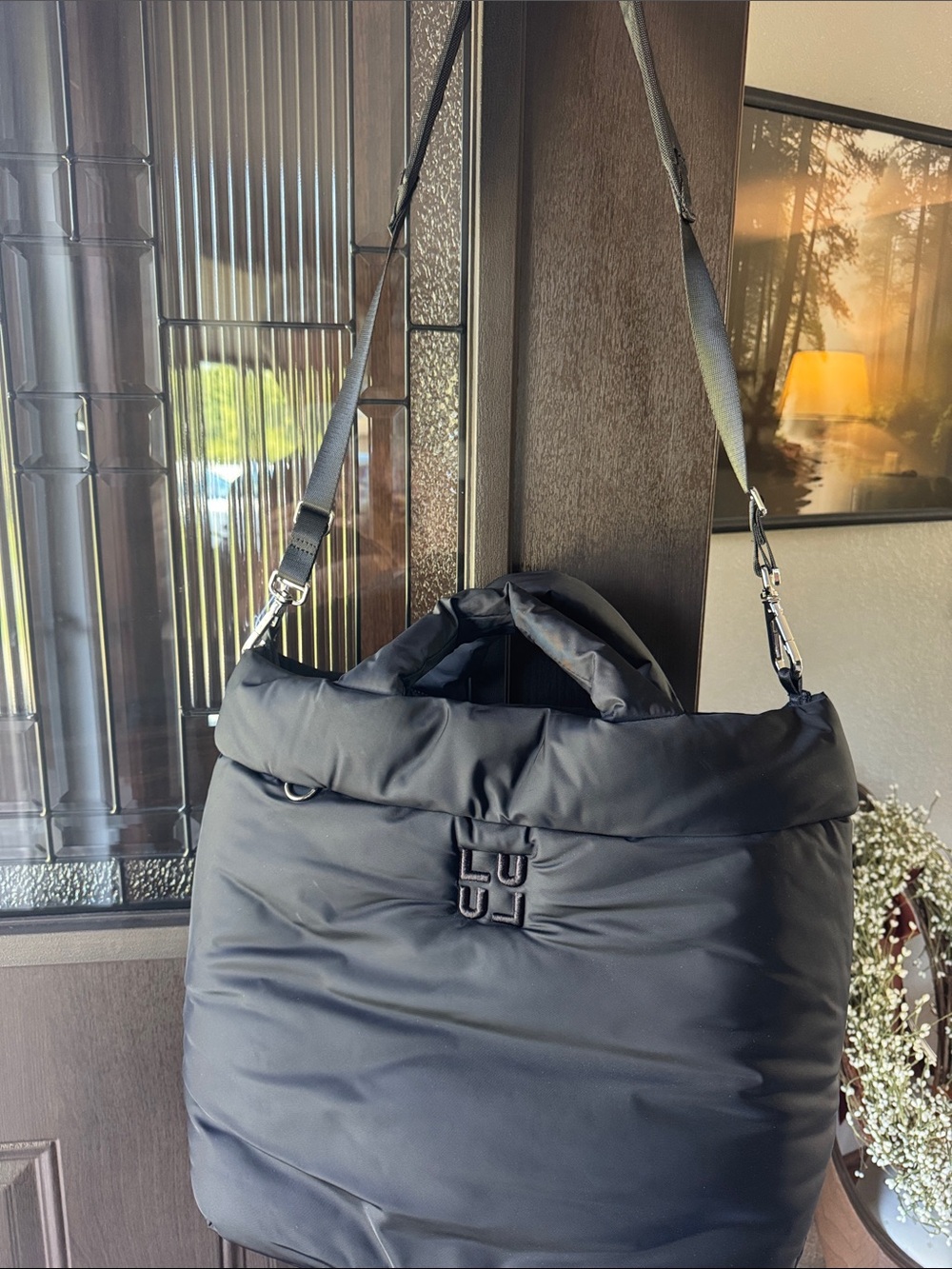LULU Black Quilted Duffel Bag with Detachable Strap